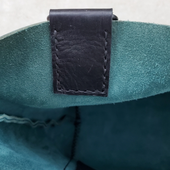 Two Tone Geometric Med Tote Leather Handmade/ Hand Stitched Turquoise & Black - Picture 6 of 9